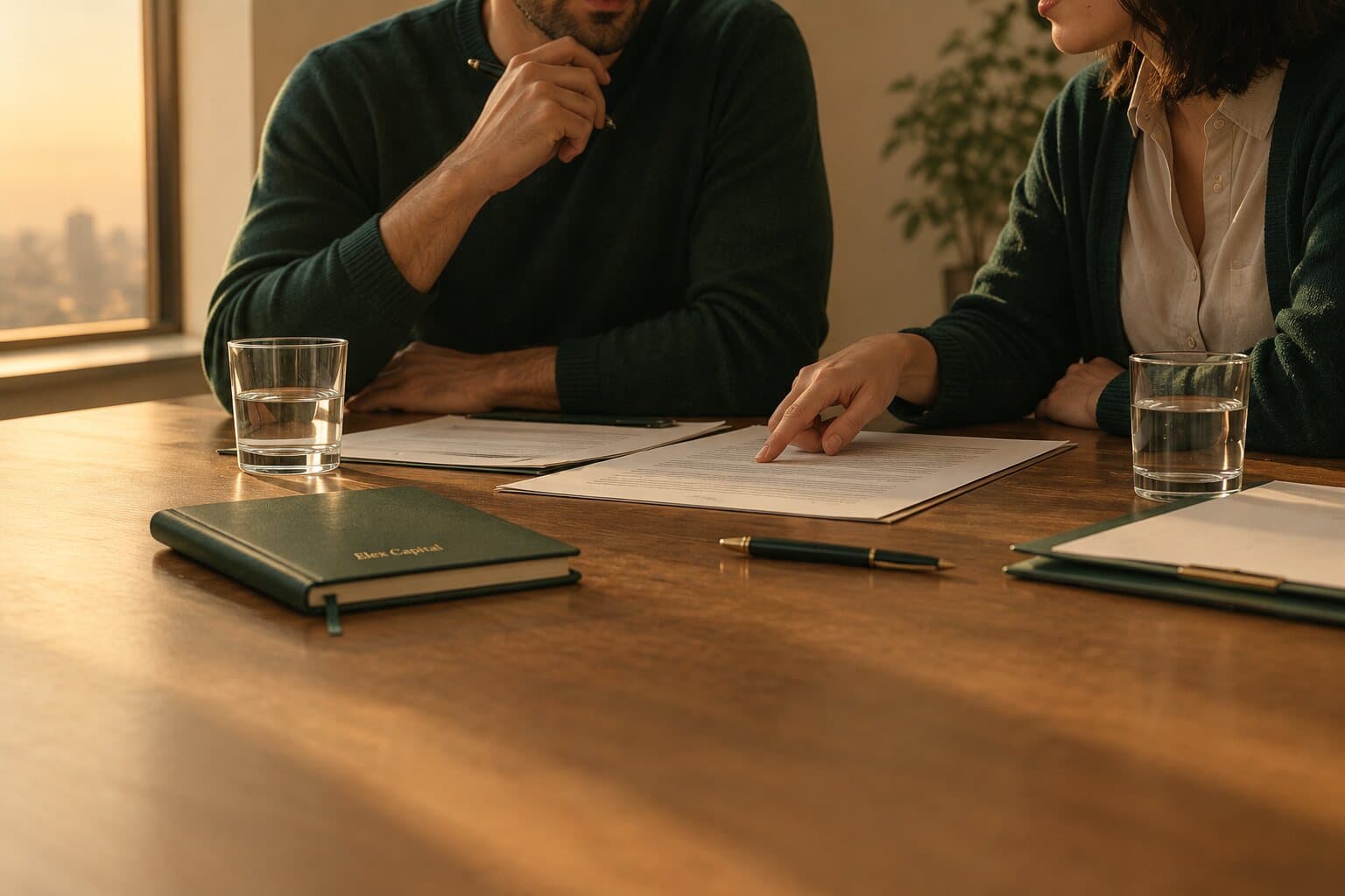 Two colleagues side by side at a table, one pointing out a line on a document between them.