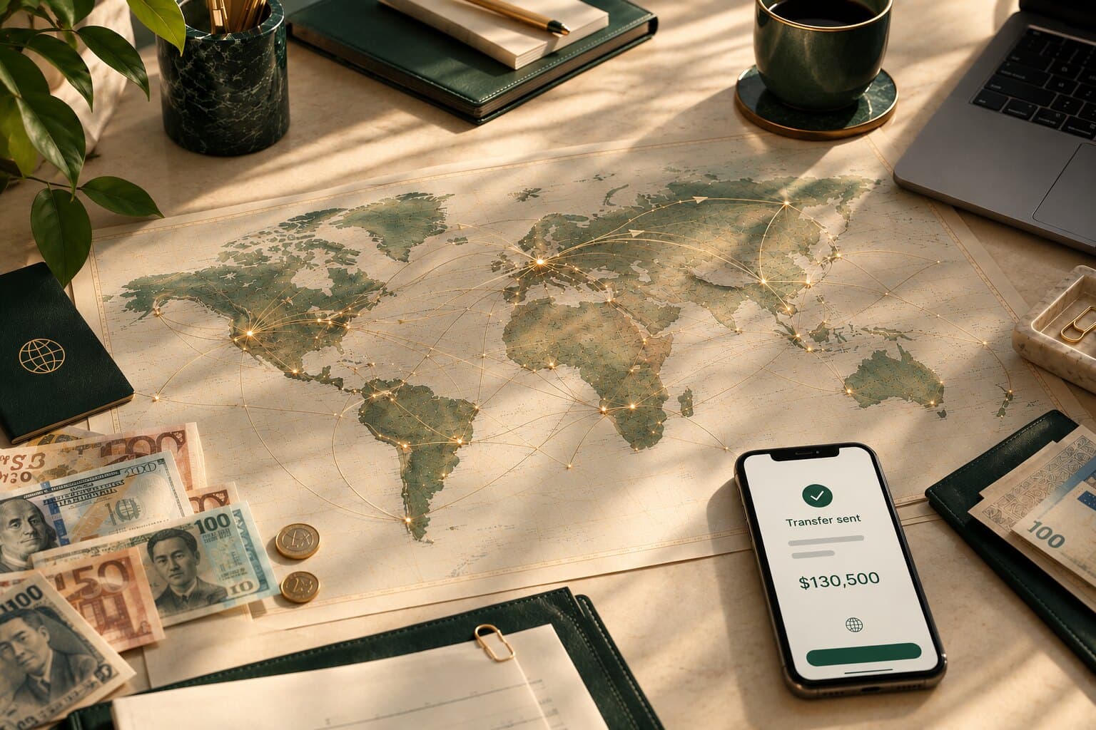 A printed world map with gold arcs drawn between continents, banknotes and coins at its edge, and a phone showing a transfer confirmed.