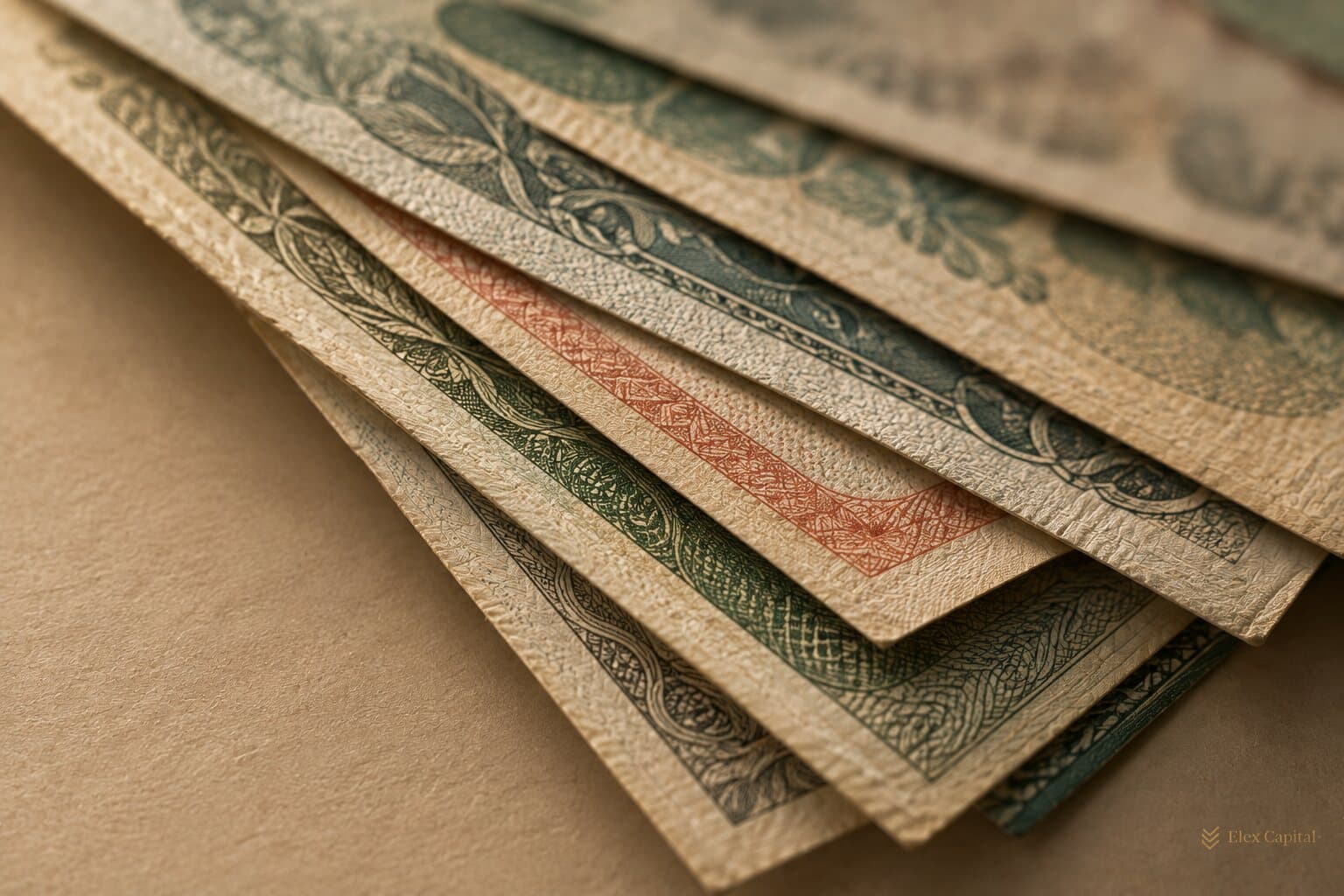 A close view of banknote edges fanned in a stack, showing the engraved borders of several currencies.