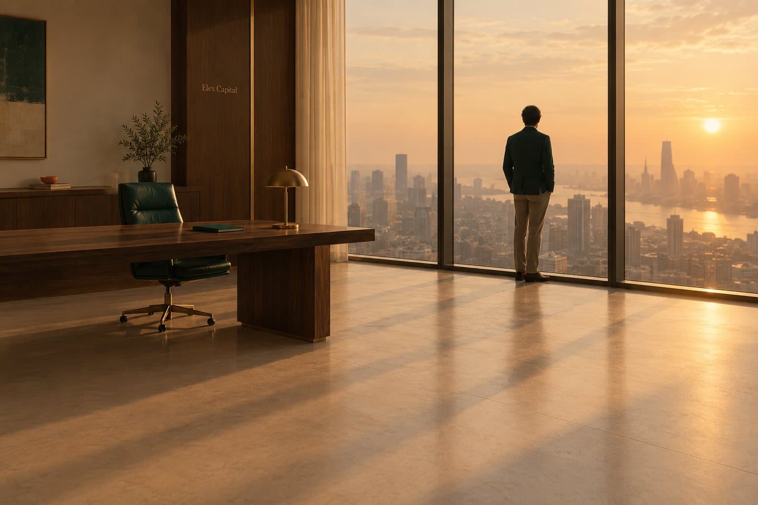 A quiet office at golden hour, one person standing at a floor-to-ceiling window above a city.