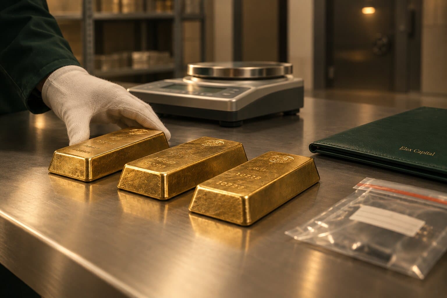 Three stamped gold bars on a steel counter beside a precision balance, steadied by a gloved hand.
